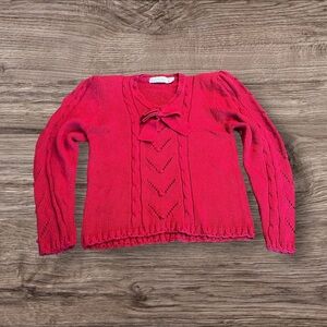 Vintage Marisa Christina Women’s Red V-Neck Sweater Bow Cable Knit Size Large